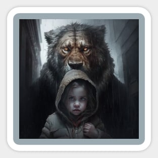 Girl and Lion-Fathers and Daughters love-Beauty and the Beast. Sticker